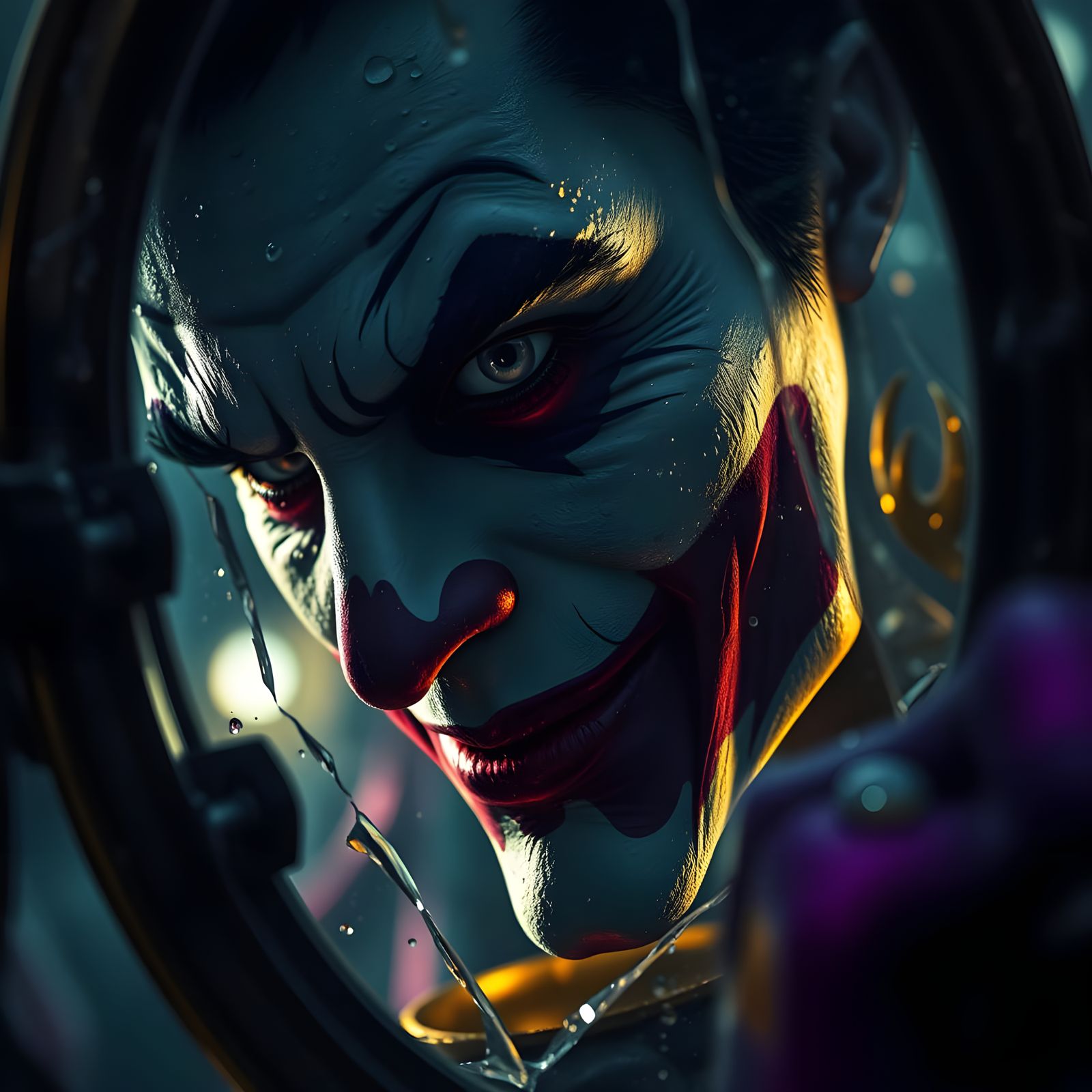 Joker's Distorted Reflection in Dark Fantasy Style