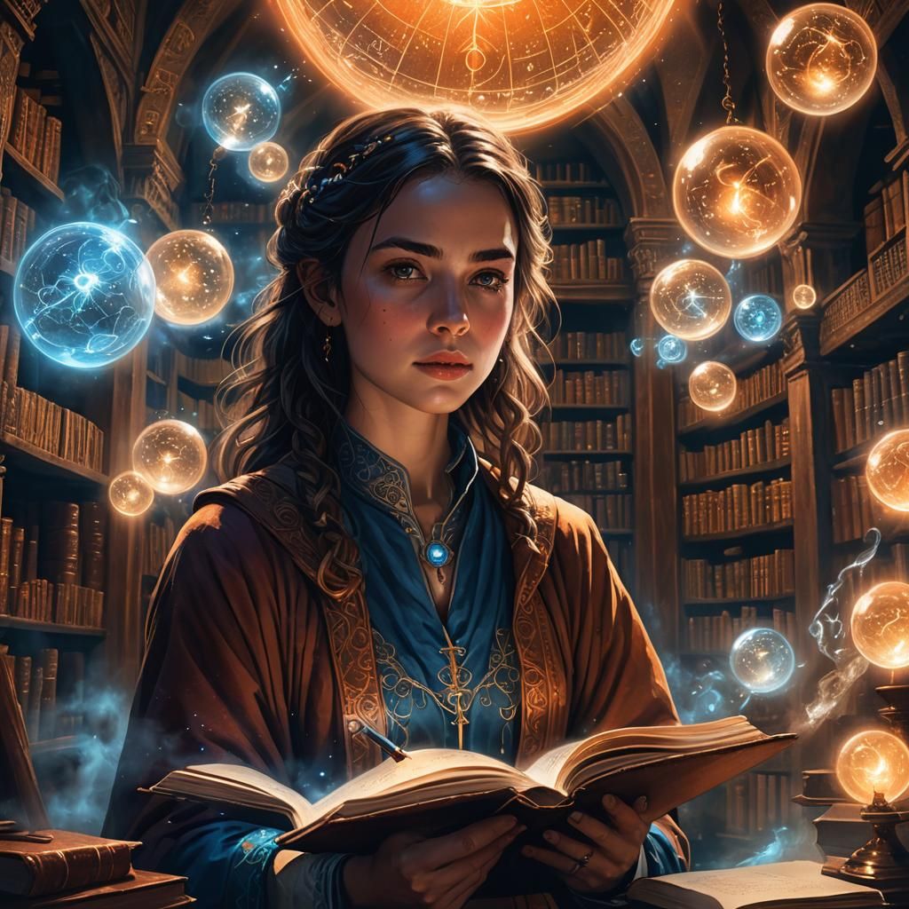 Mystical Library Portrait with Orbs in Digital Art