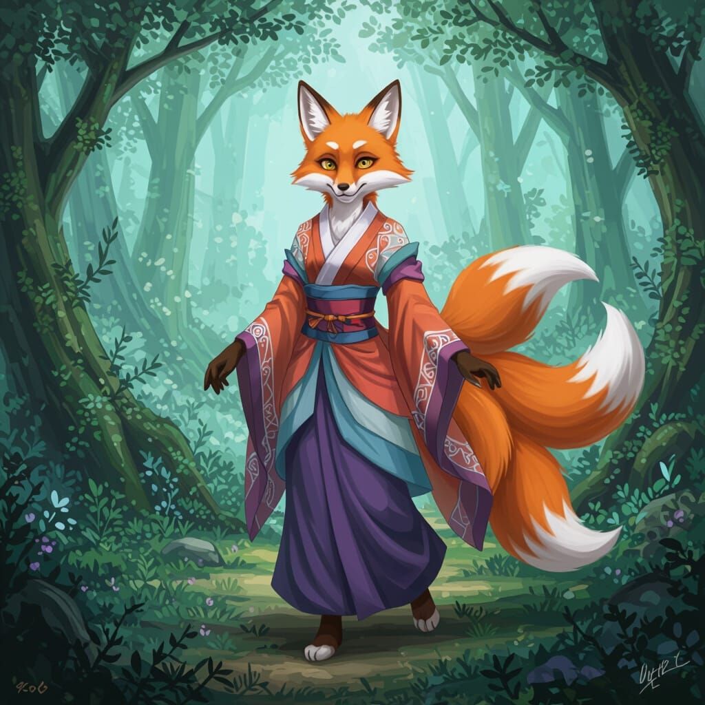 Nine-Tailed Fox Wanders Mythical Forest in Colorful Silk Att...