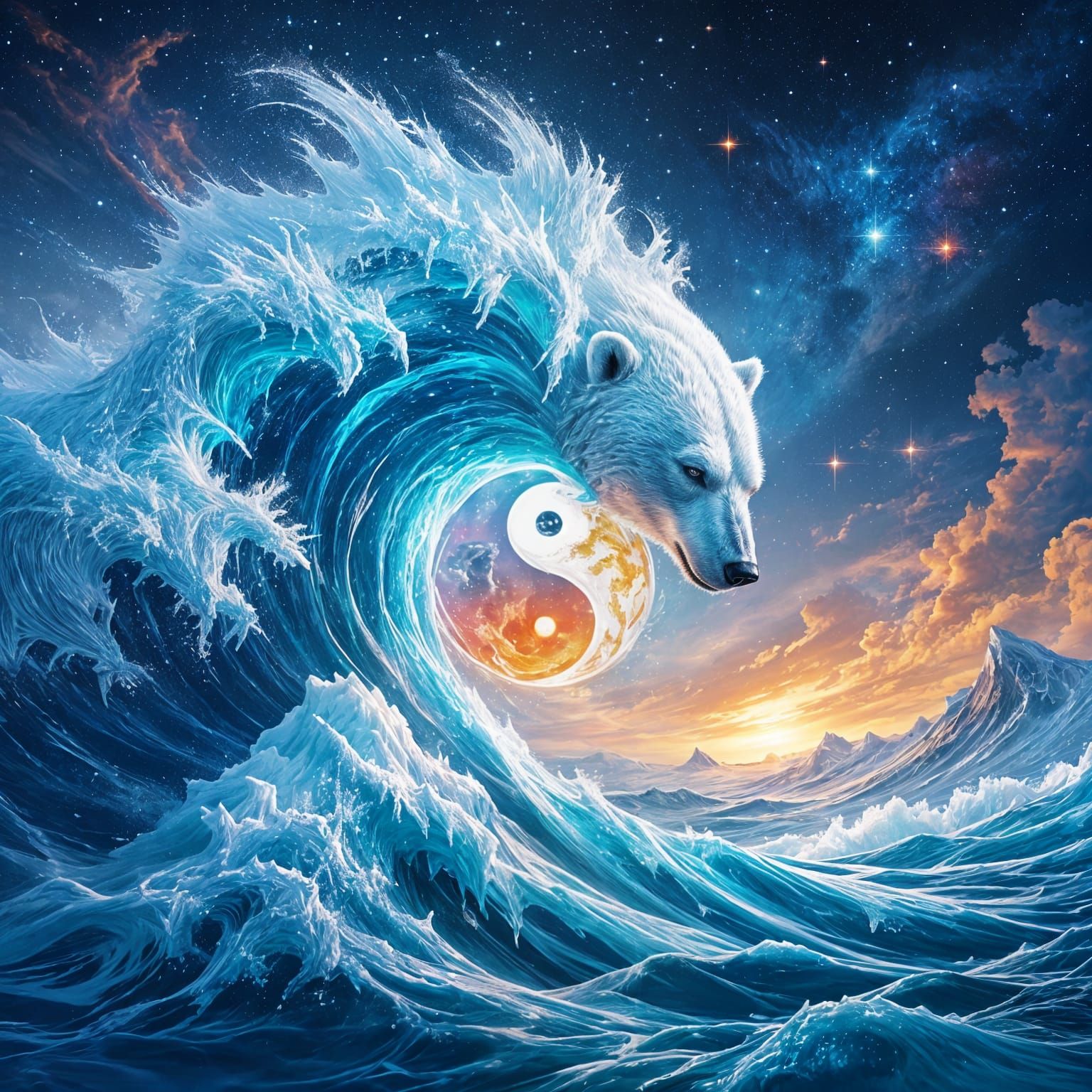 Polar Bear Wave with Ying Yang Symbol and Dragons