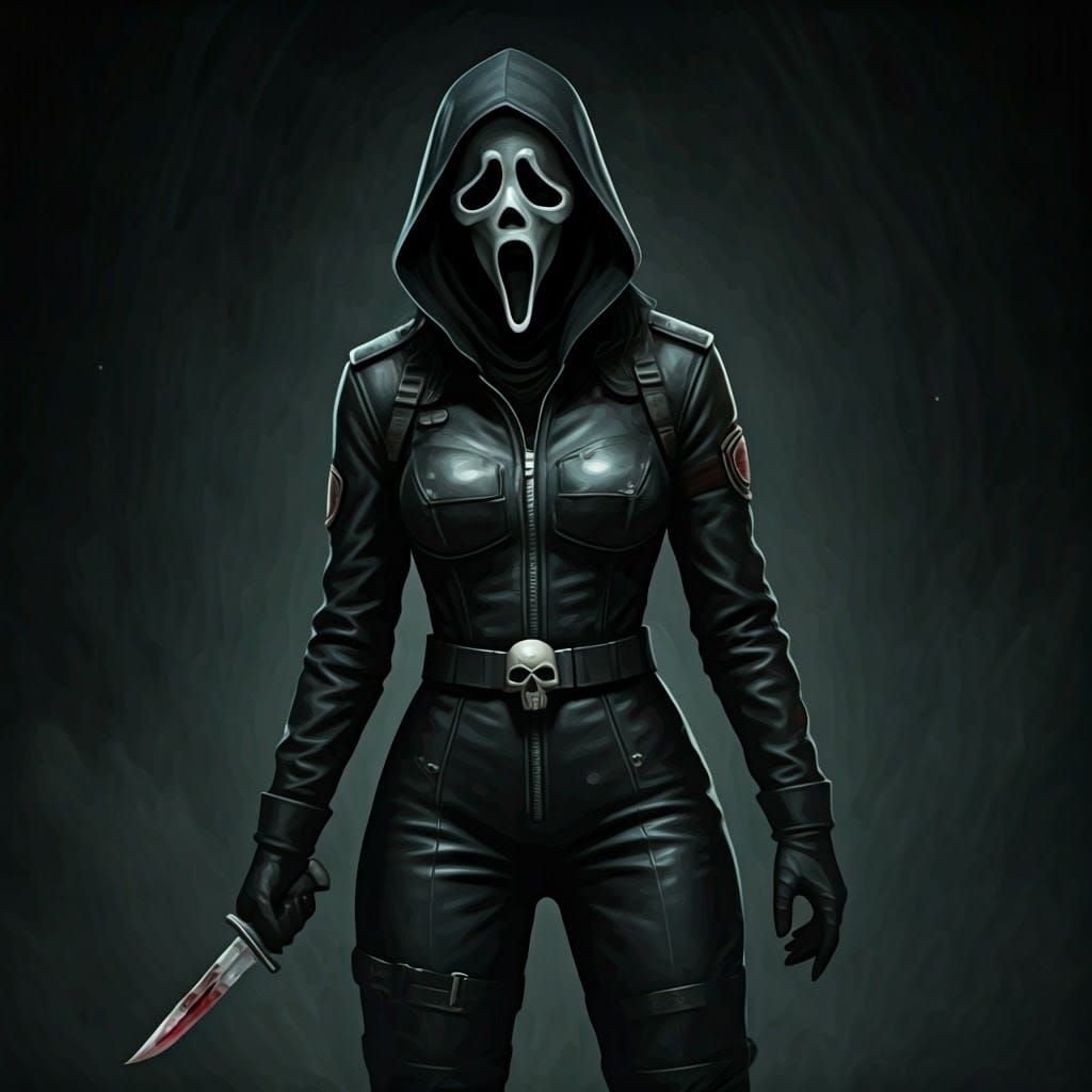 Female Ghostface in Leather Jumpsuit, Dark Illustration