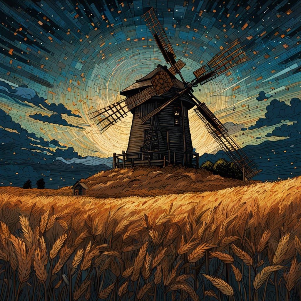 Windmill and Howling Wolf at Night