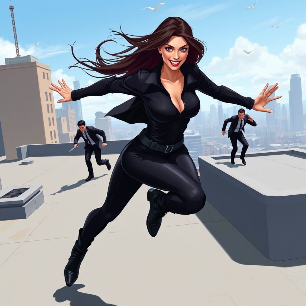 Confident Female Spy Leaps Through Futuristic City