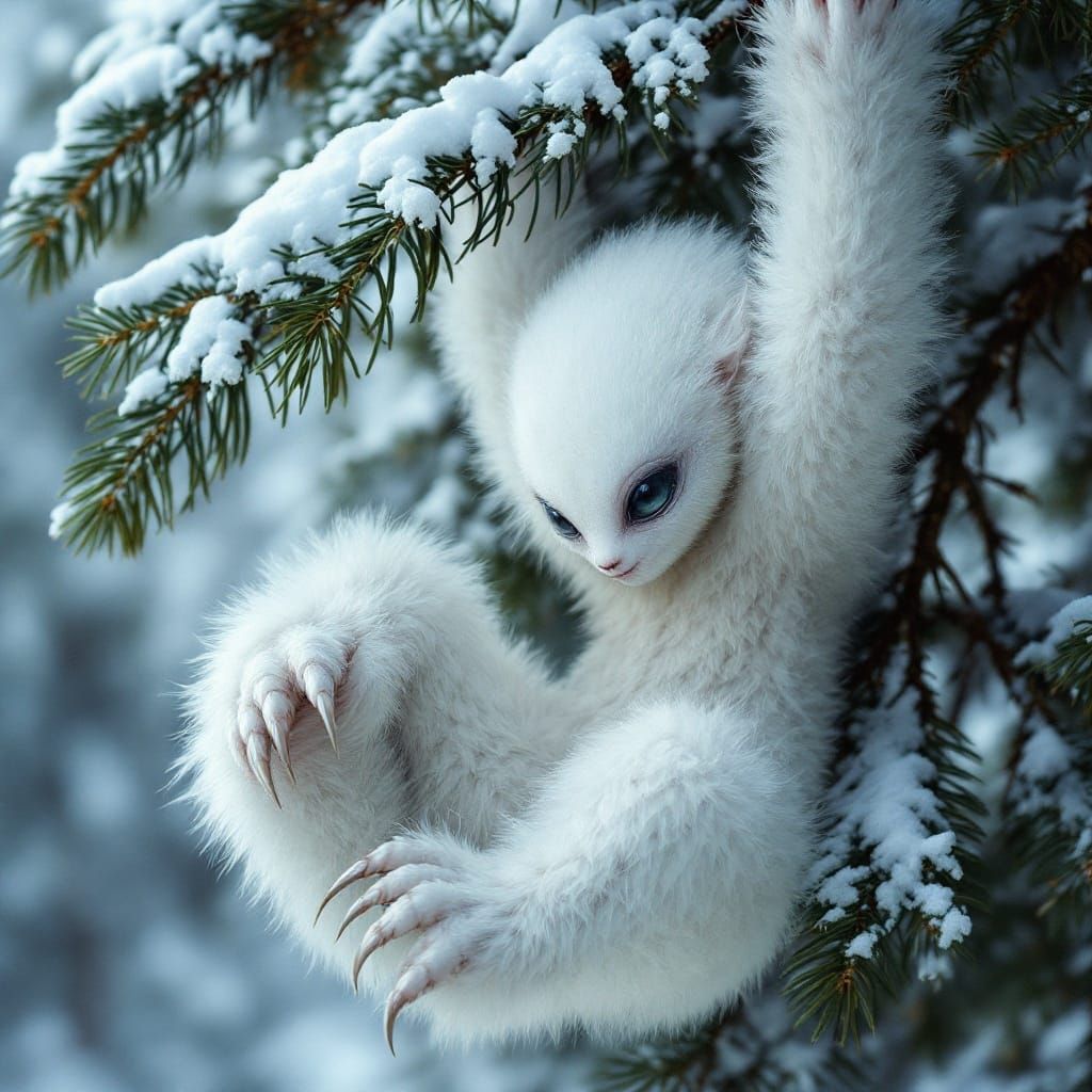 Alien Polar Predator Suspended in Snowy Pine