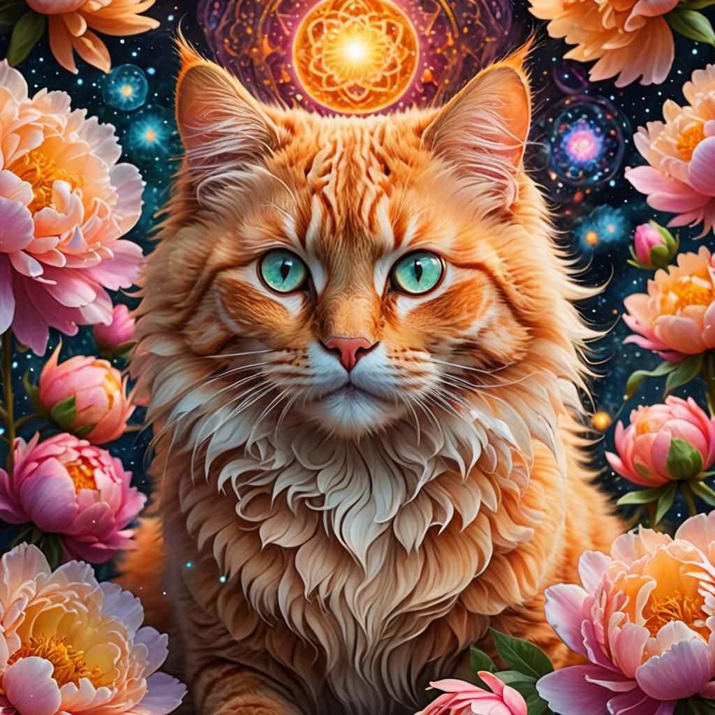 Orange Cat in Peonies with Fractal Filigree