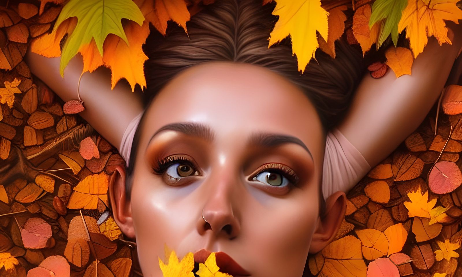 Hyperrealistic Elf Woman in Autumn Leaves