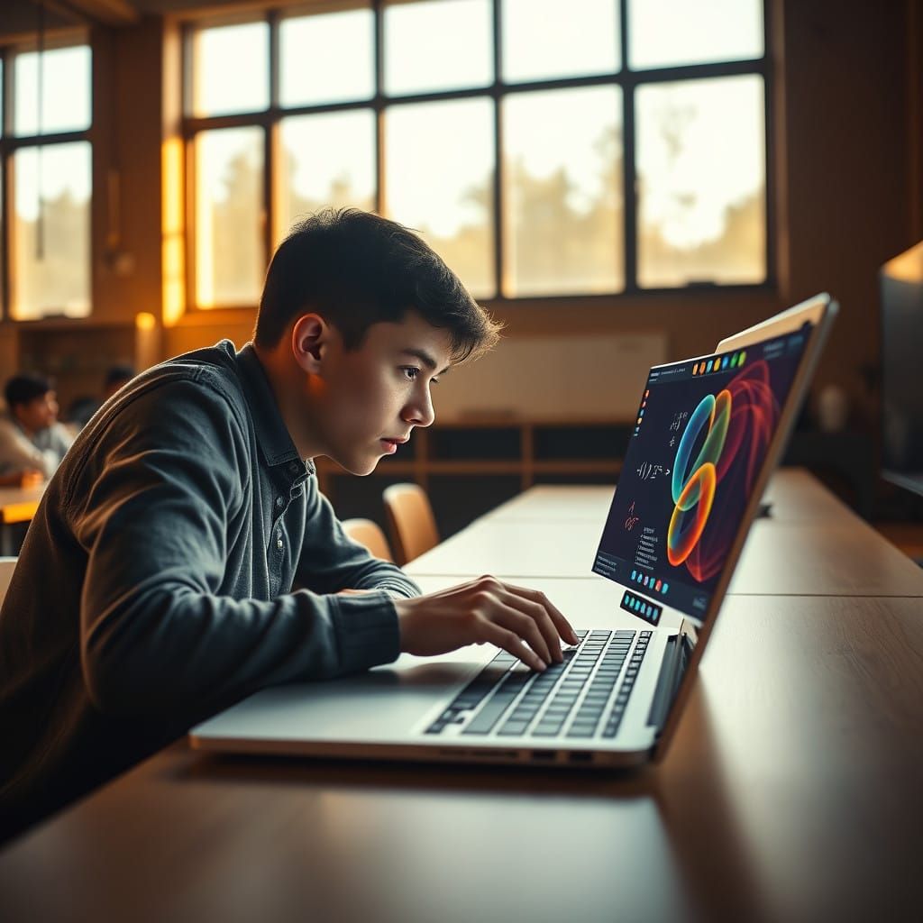 Modern Classroom Scene with Student Engaged in Math Software
