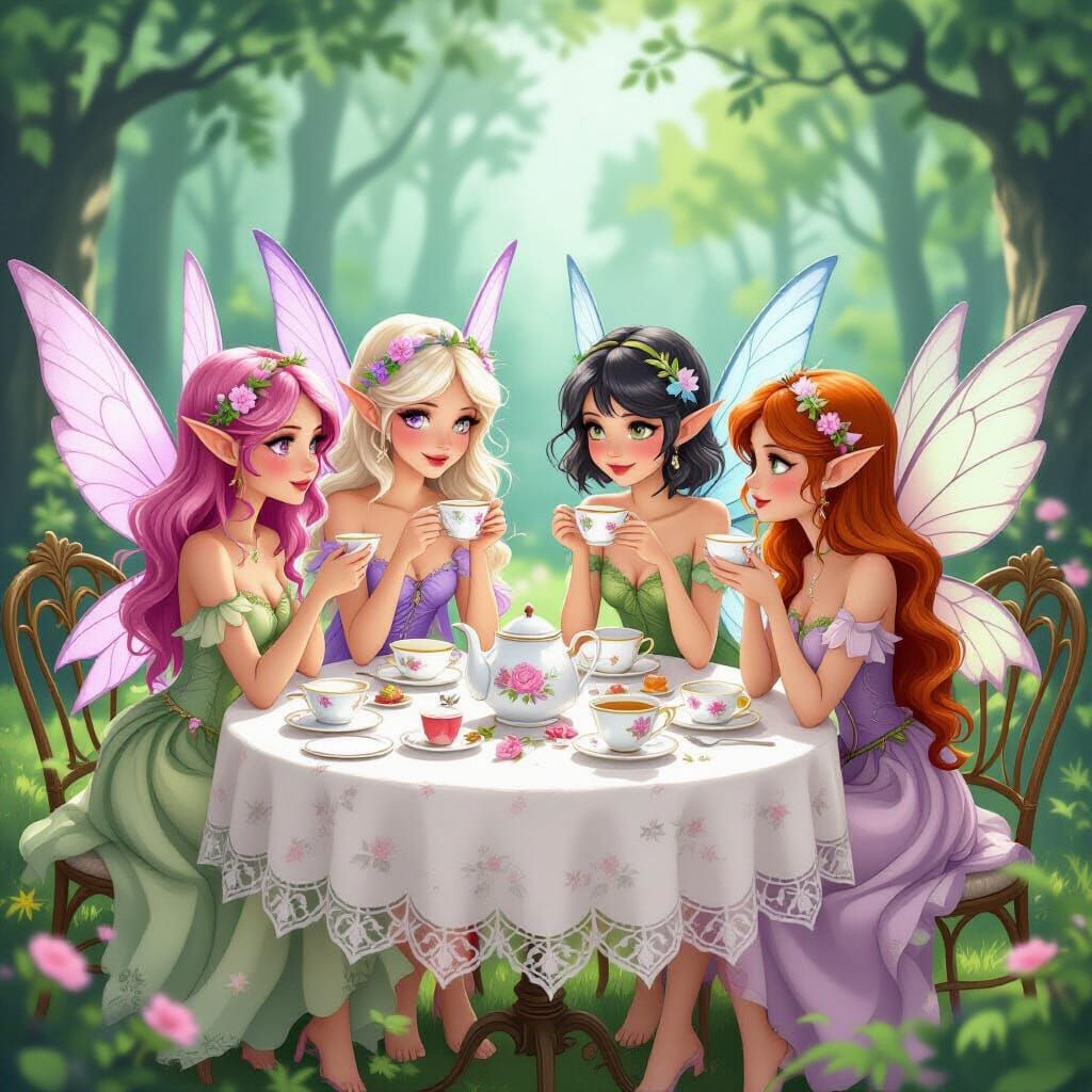 Four Fairies Enjoying a Mystical Forest Tea Party