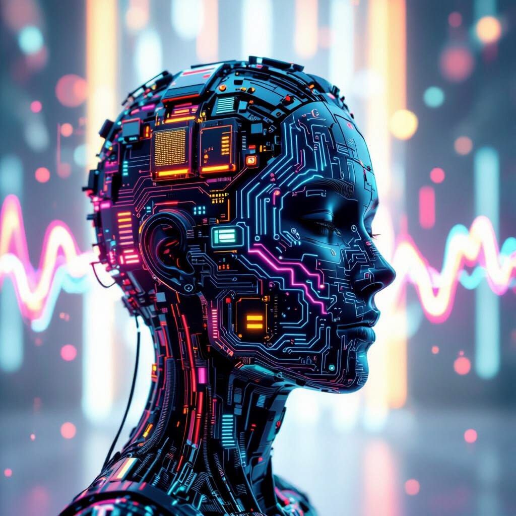 Cyberpunk Head Silhouette with Neon Waveform