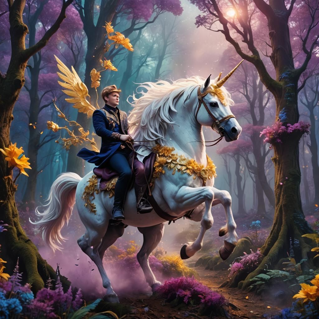 Patrick Stump Rides Unicorn in Mystical Forest
