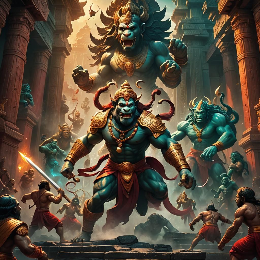Hanuman Battles Demons in Ancient Temple: Fantasy Art