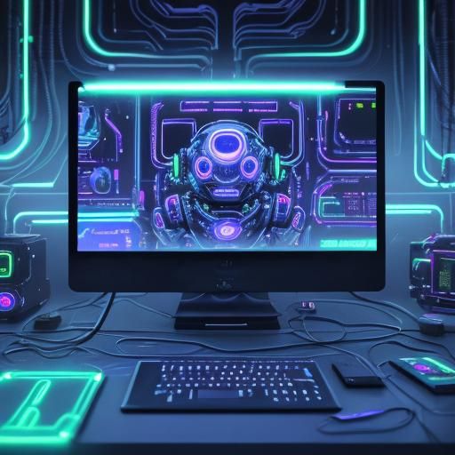 Cute AI Alien-Machine in Neon Futuristic Lab