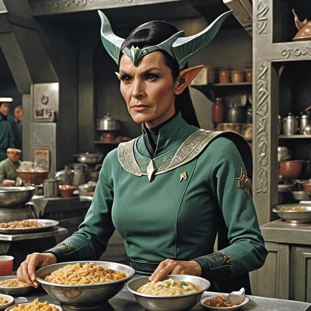 A Romulan female soup vendor with Vulcan ears.