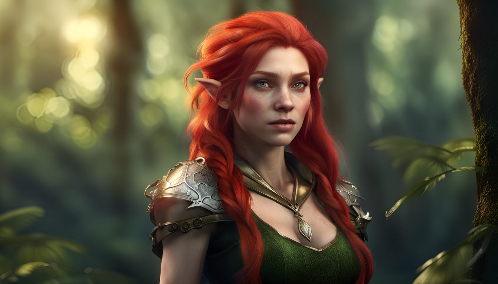 Photorealistic Red-Haired Elf in Forest Setting