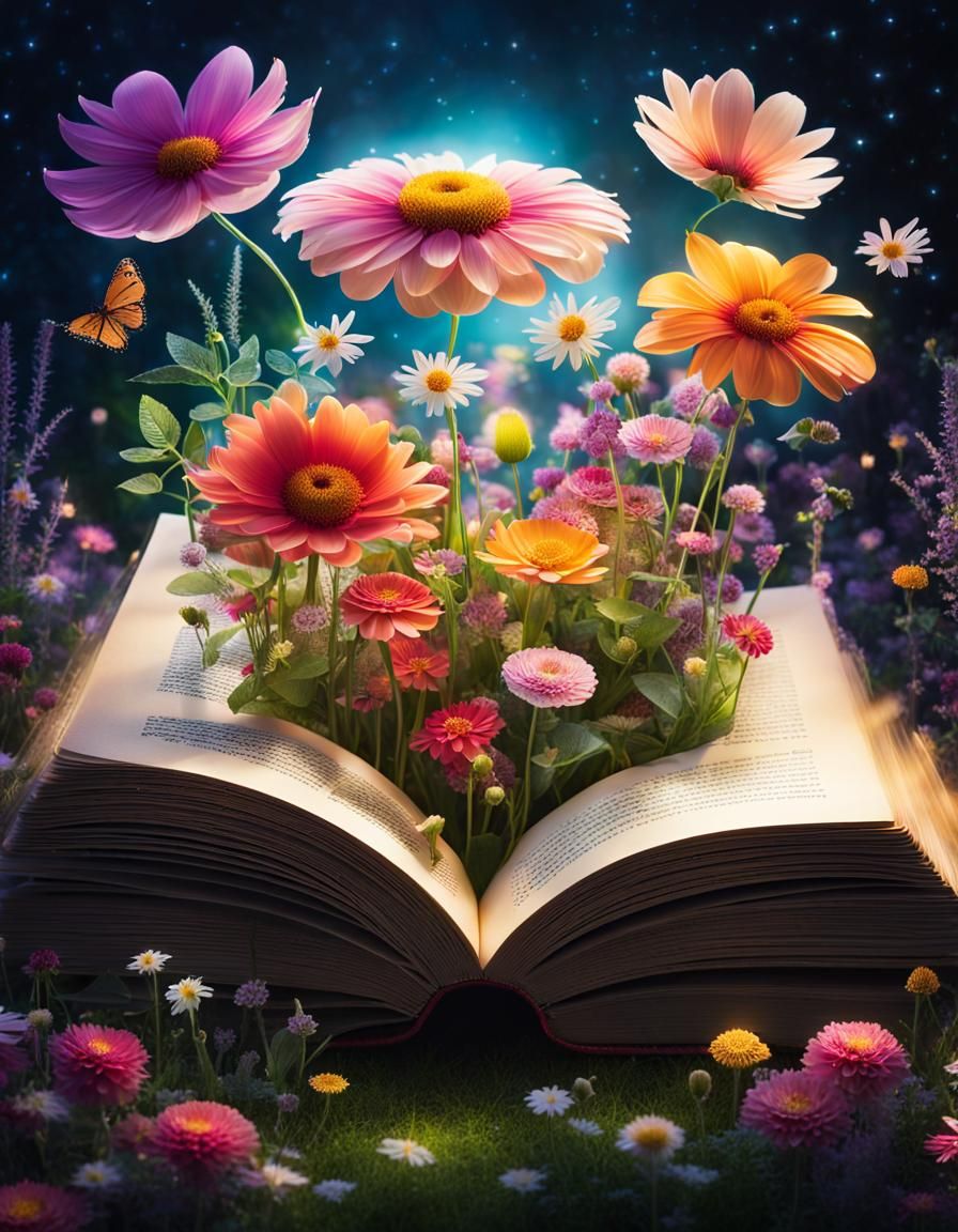 Magical Flower Garden Growing From Open Book
