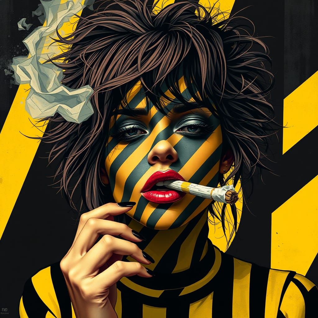 Cubist Portrait of Woman Smoking in Art Deco Style