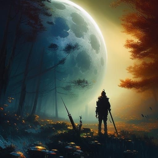 Warrior Silhouette Against Luminous Moon, Dramatic Fine Art
