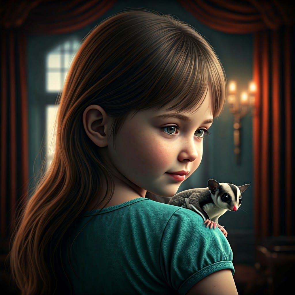 A little girl with a sugar glider on her shoulder