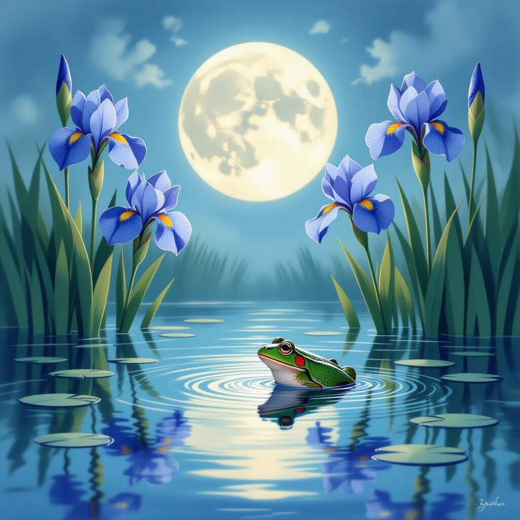 Blue Irises Bloom: Pond Rejuvenation with Moon Reflection