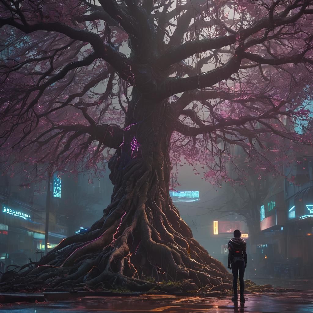 Cyberpunk Tree Glows in Neon Cityscape