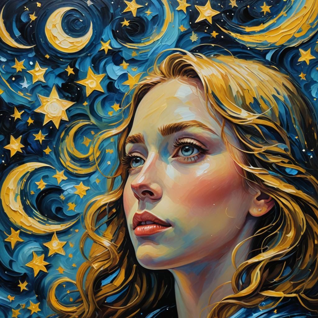 Girl Gazing at Starry Night in Van Gogh Style