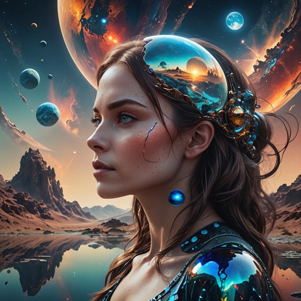 Double Exposure Portrait: Woman and Alien Planet