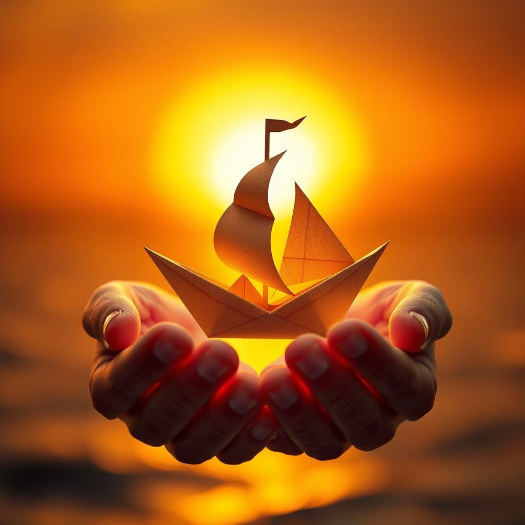 Gentle Hands Hold Origami Ship Amidst Sunset Glow