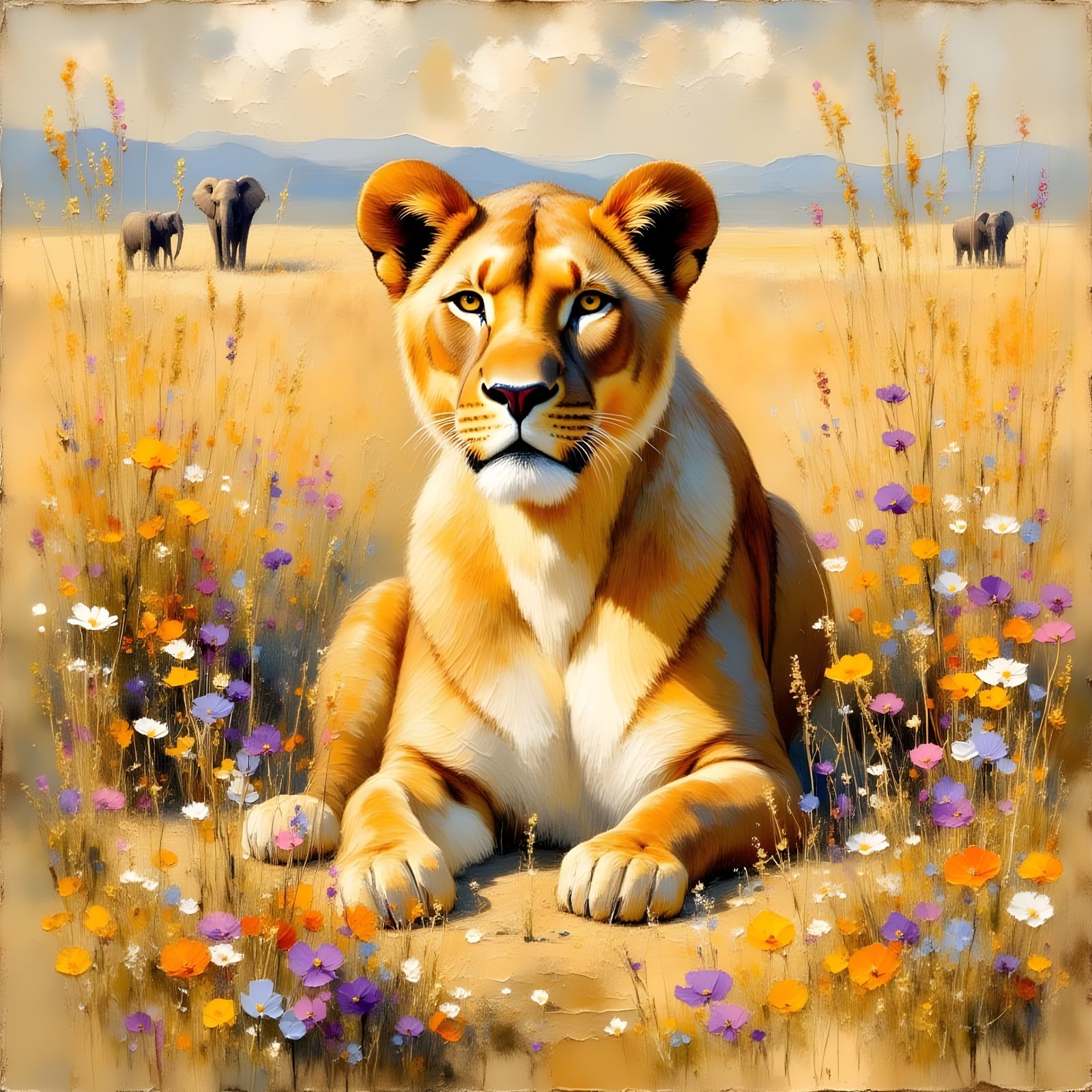 Lioness in African Grasslands: Impasto Oil Painting