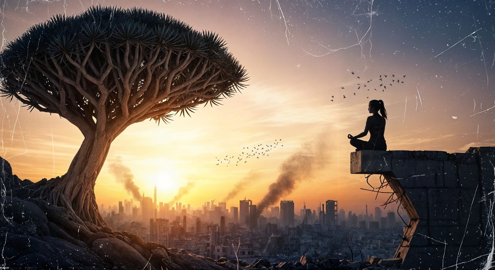 Girl in Lotus Position Amidst Ruined City Sunset
