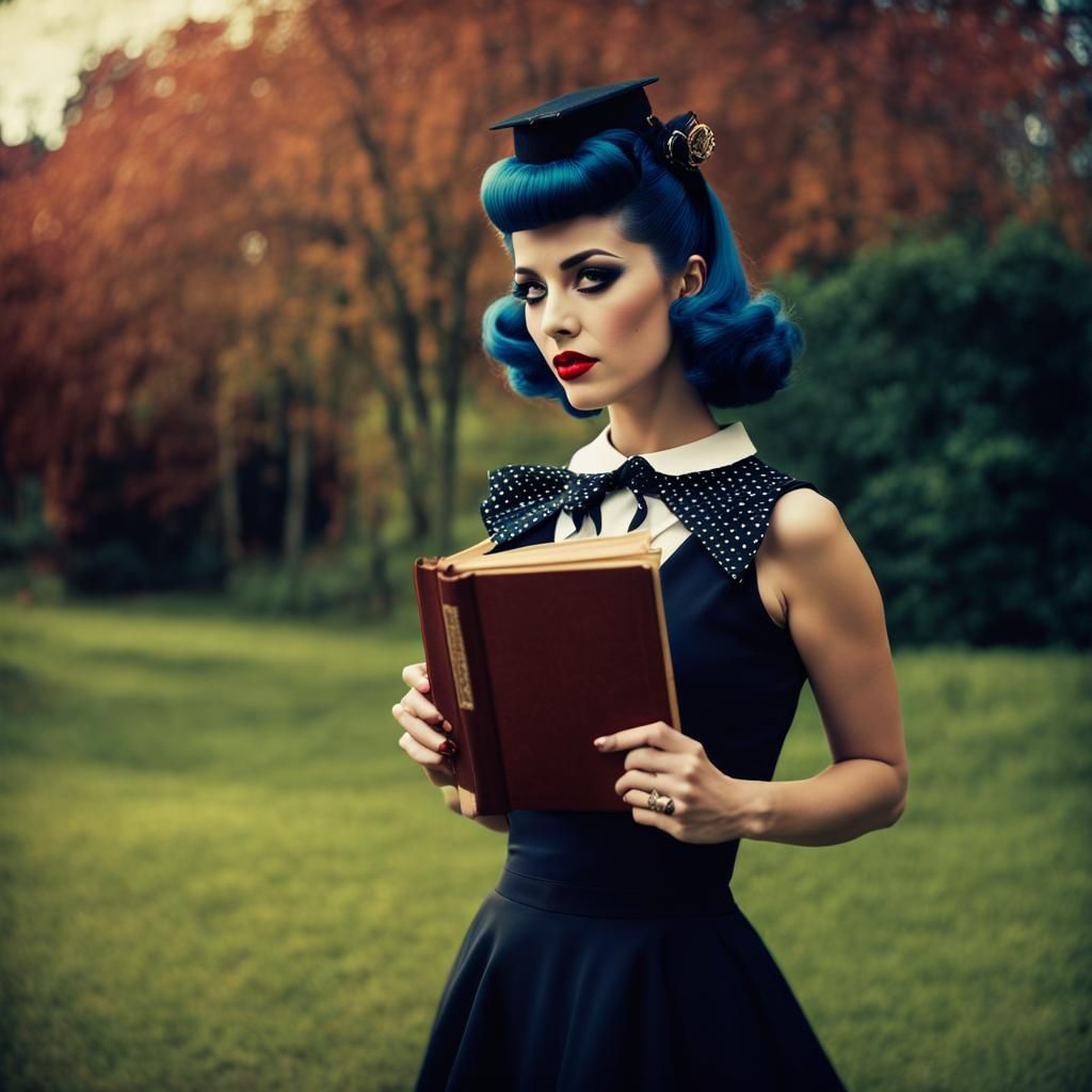 Gothic 1960s Pin-Up Girl Reading, Cinematic Style