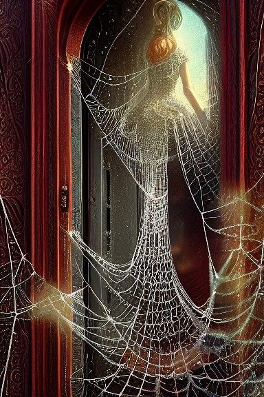 Jeweled Cobwebs in Doorway: Detailed Digital Art