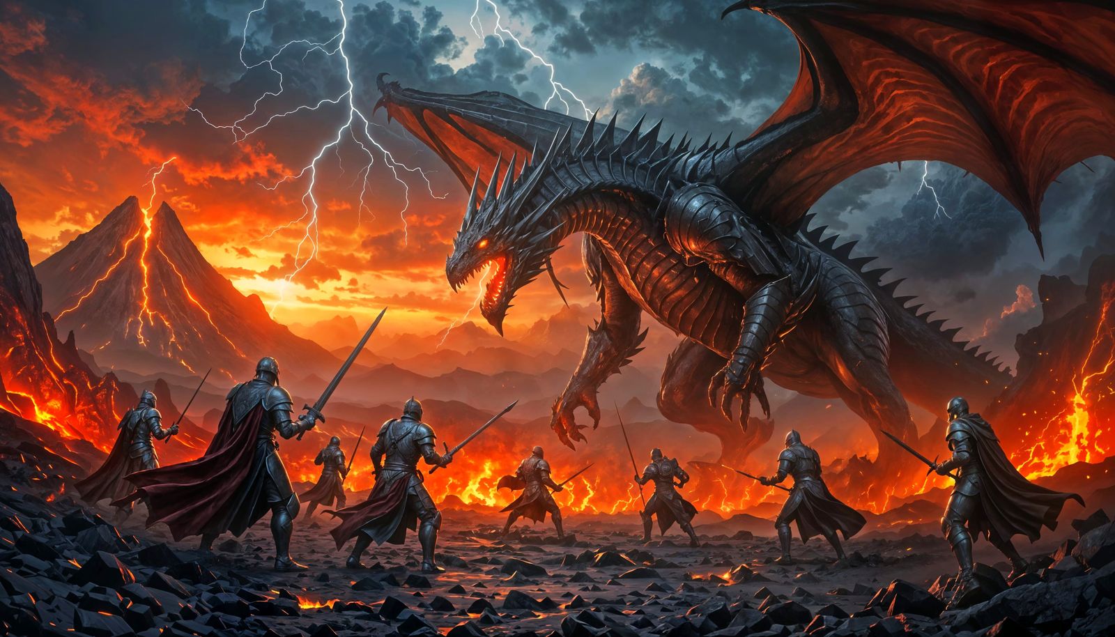 Knights Battle Colossal Dragon in Volcanic Wasteland