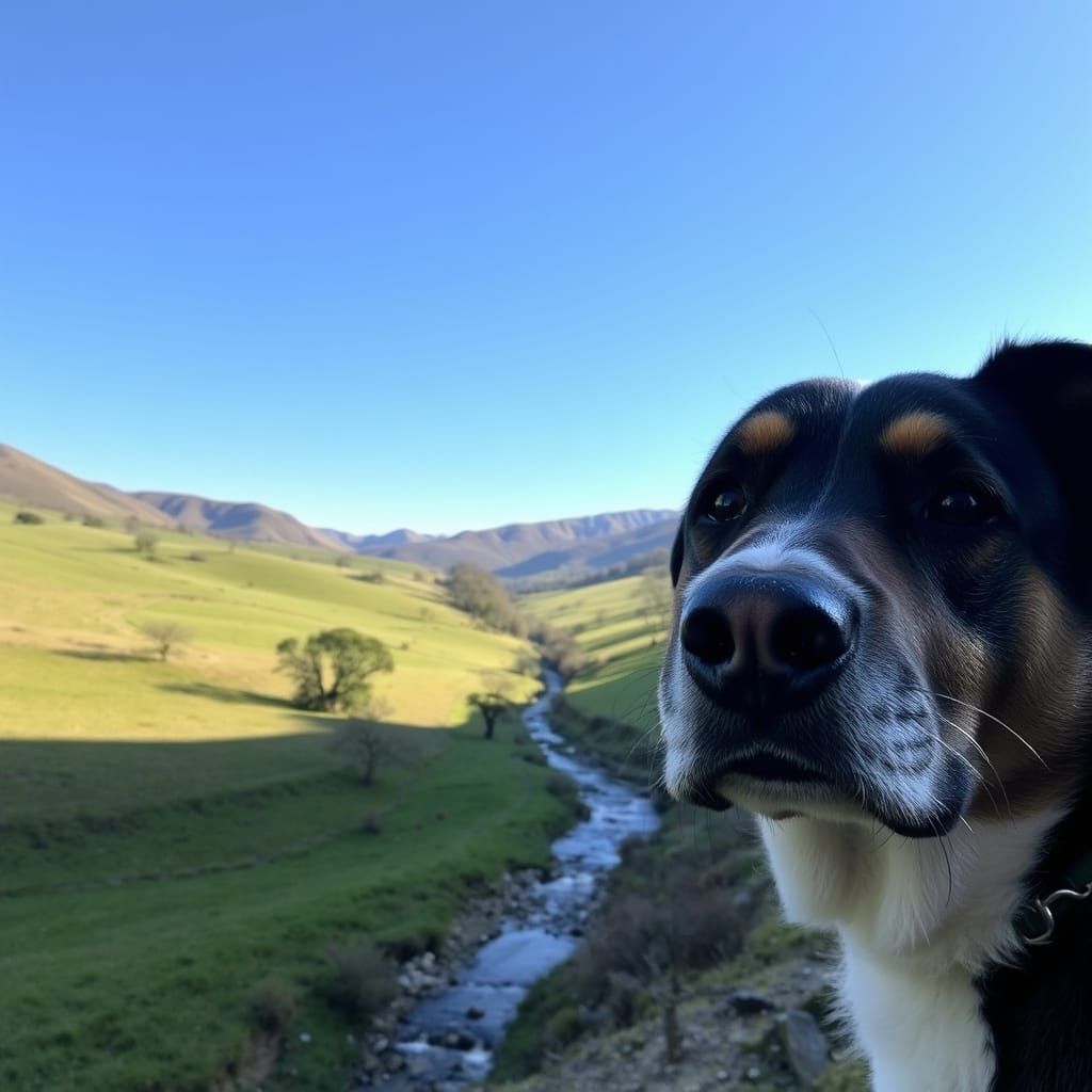 Serene Valley Scene Interrupted by Mischievous Canine