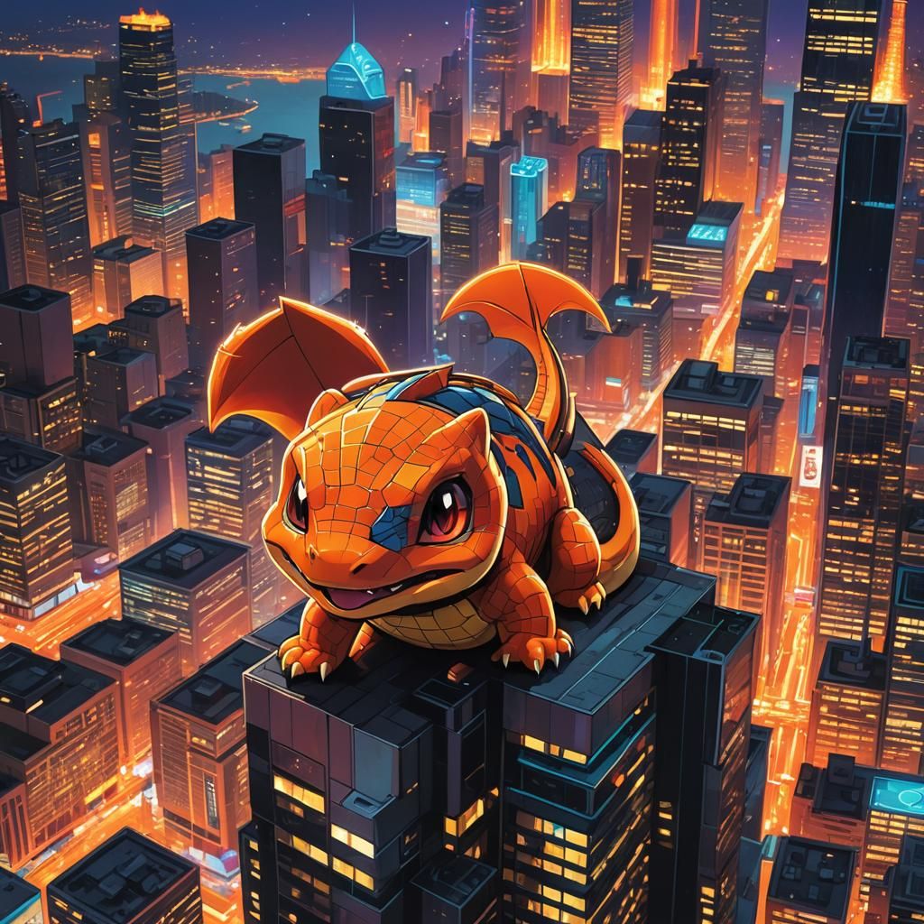 Charmander's Retro Comic Book Close-Up in Neon Cityscape
