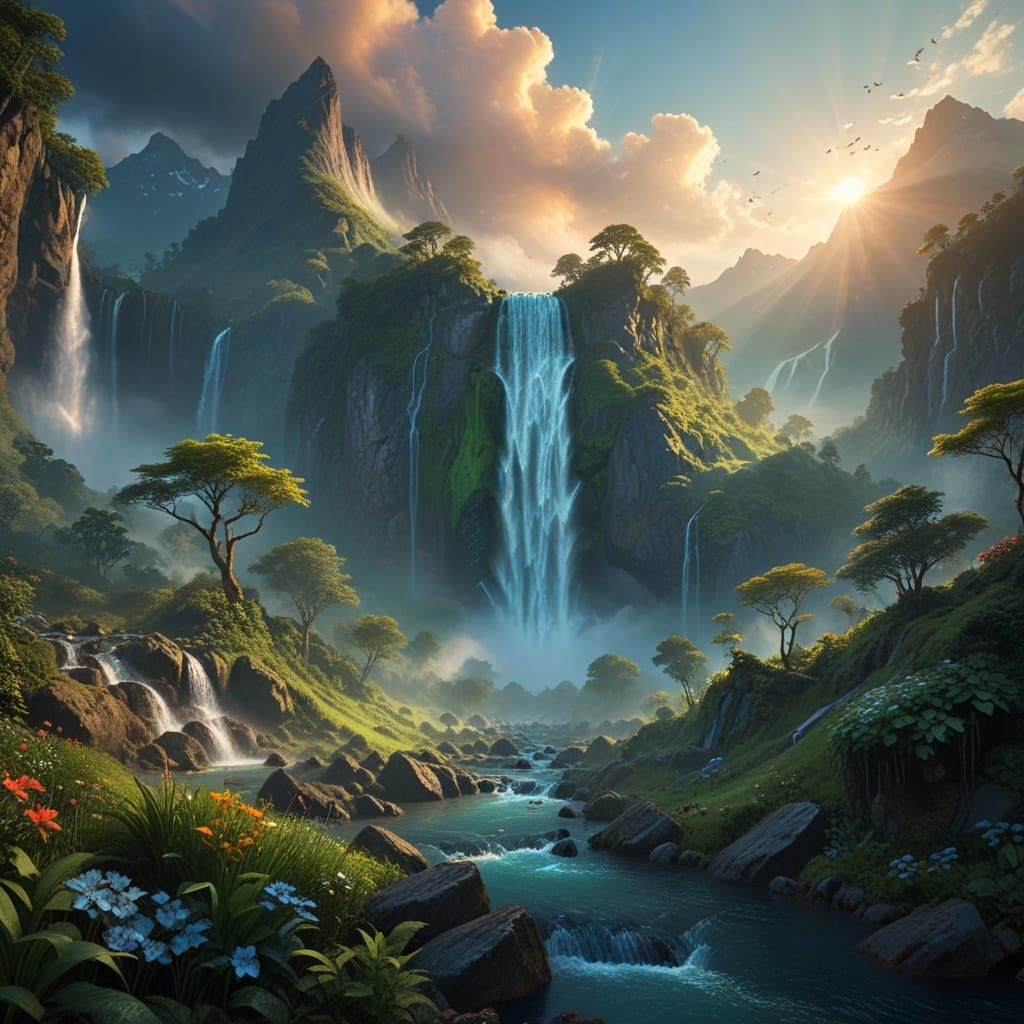 Majestic Waterfall at Golden Hour Sunset