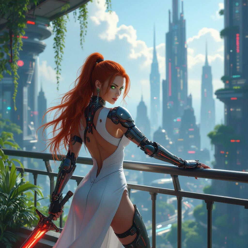 Cyberpunk Warrior Woman Overlooking Solarpunk City