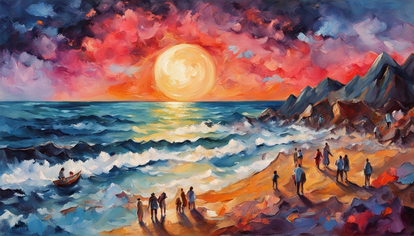 Pixel Art Beach Scene Under Full Moon in Gouache