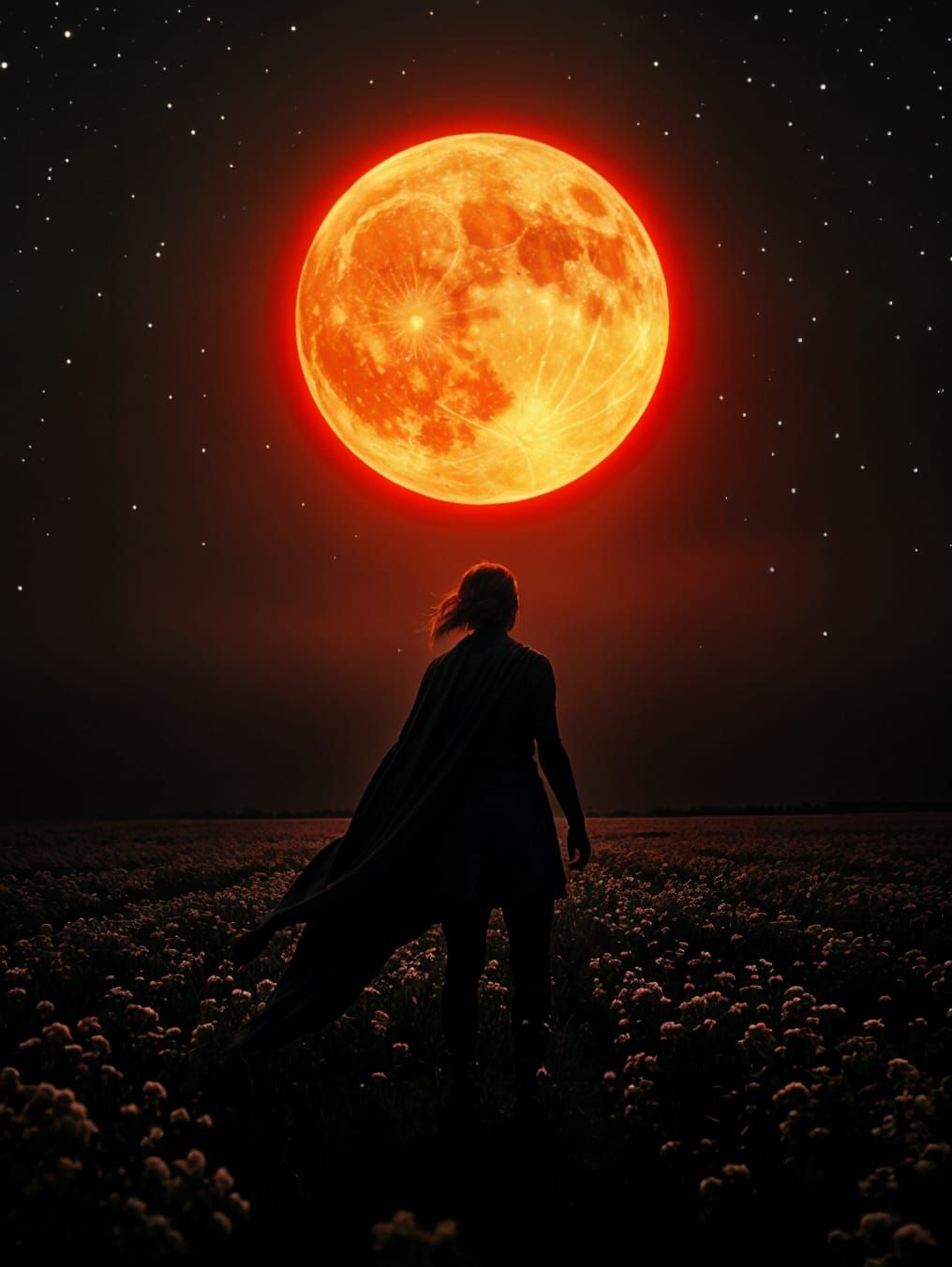 Fantasy Realm Runner Under Blood Red Moonlit Sky
