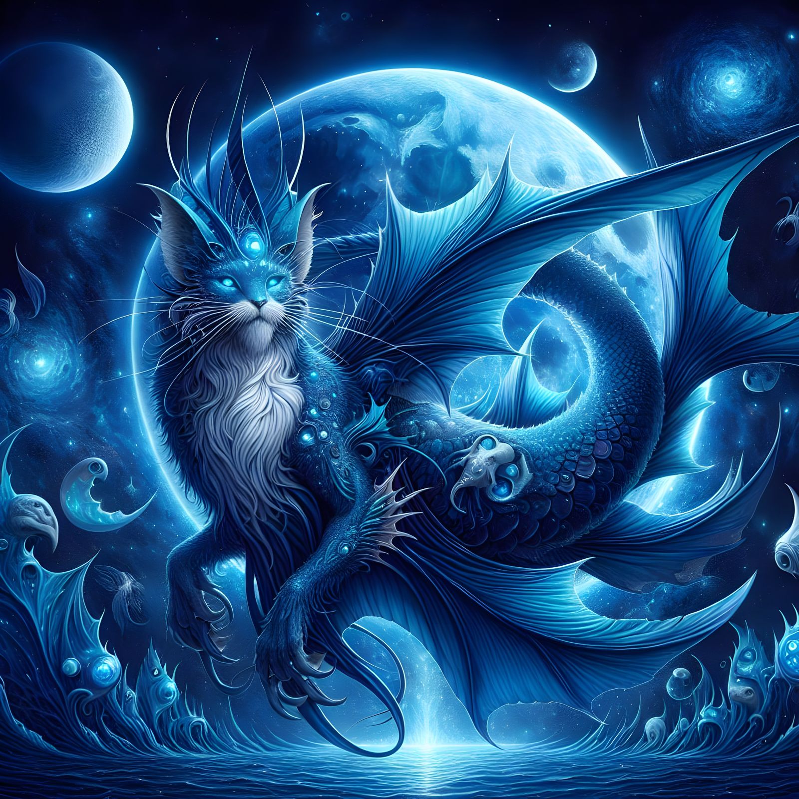 Sapphire Cat Mermaid Under Blue Moon in Space