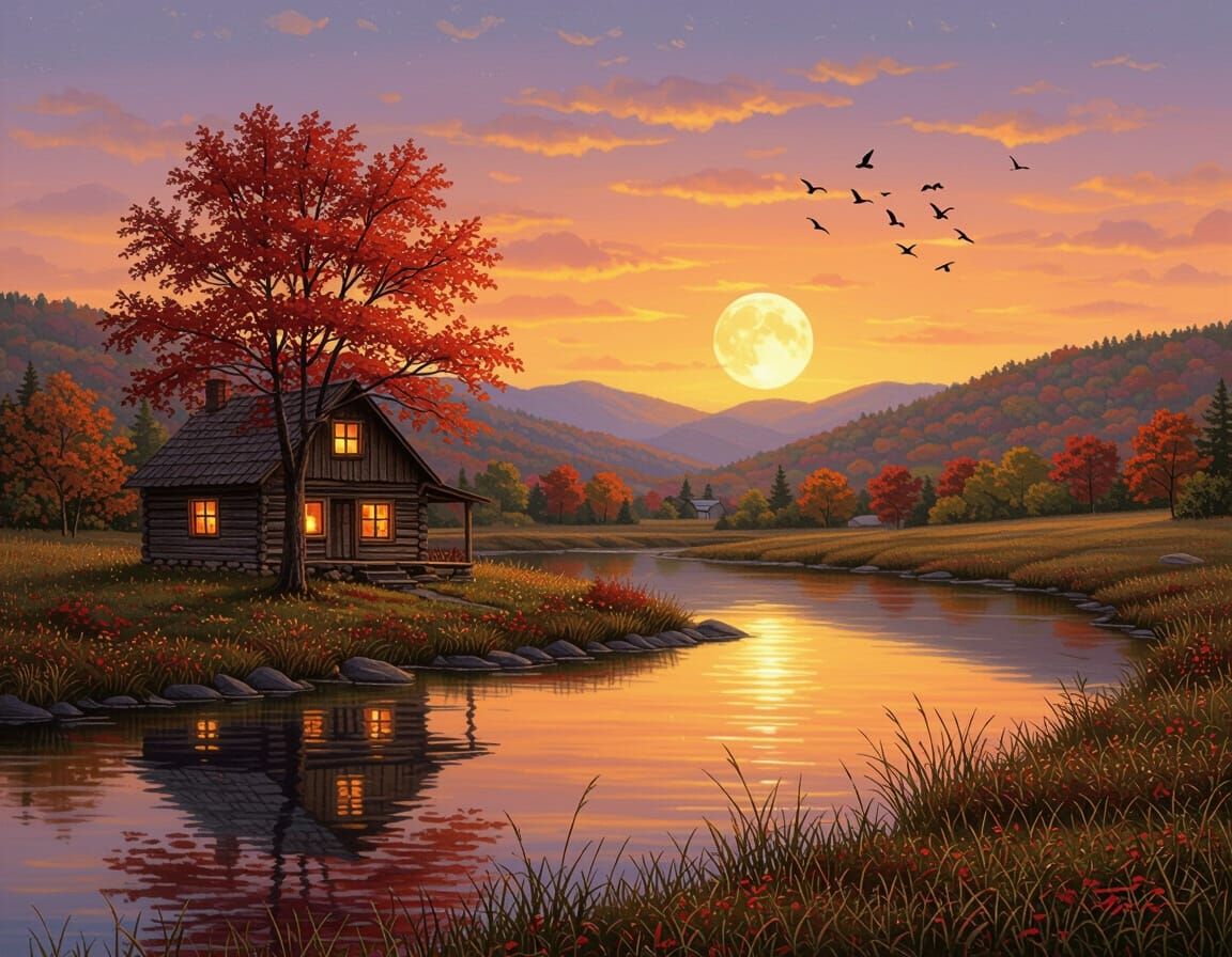 Serene Autumn Cabin Sunset Landscape Oil Painting