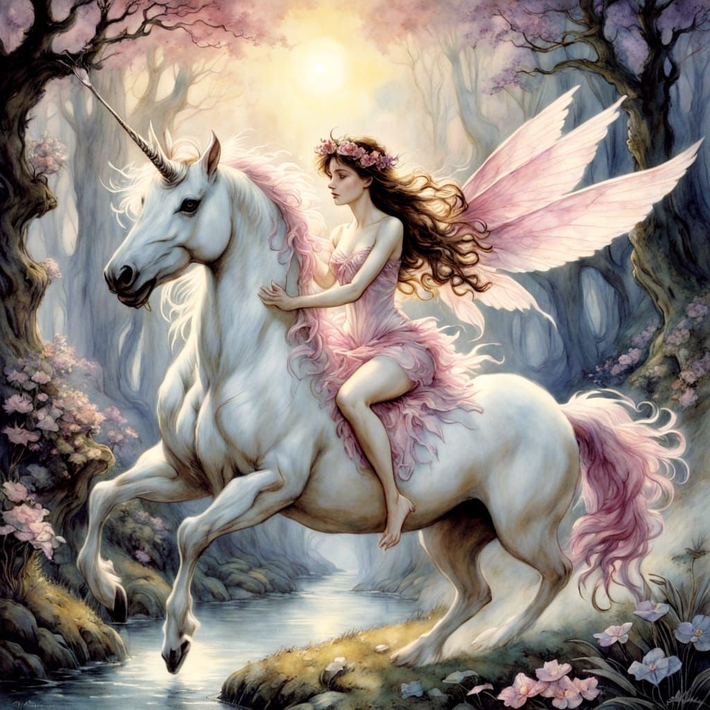Enchanting Watercolor Fairy on a Unicorn