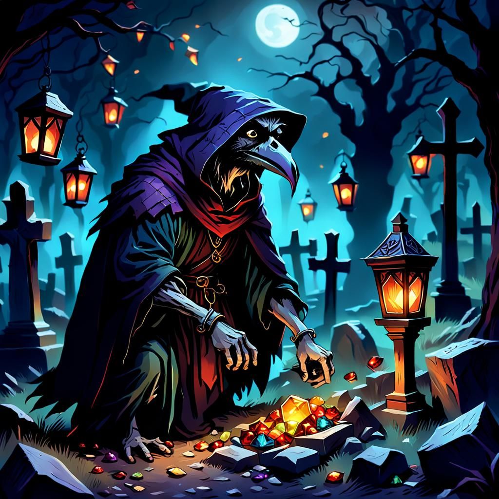 Kenku Grave Robber in Dimly Lit Graveyard