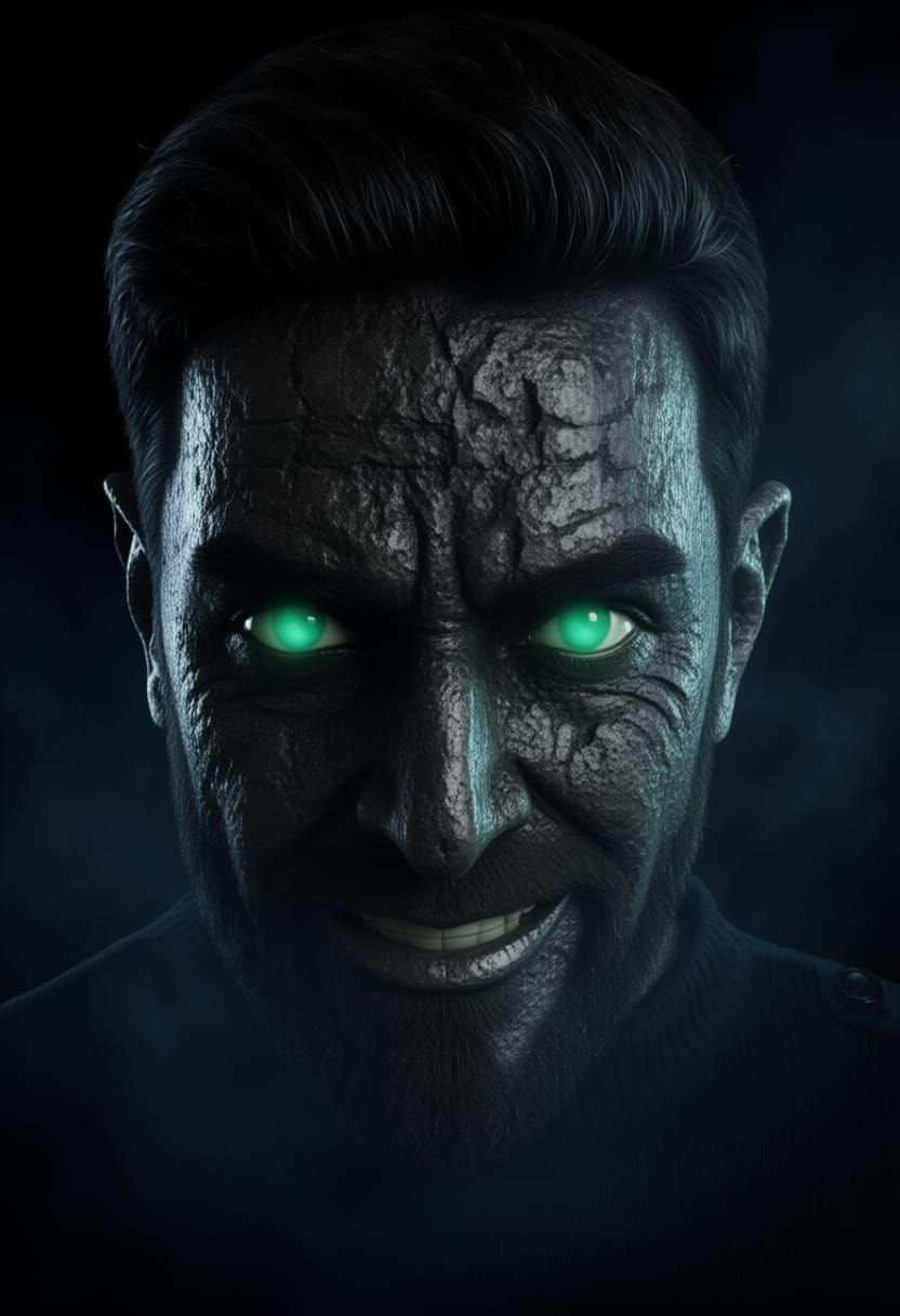 Basalt Stone Face Emerging from Dark Scene with Emerald Eyes