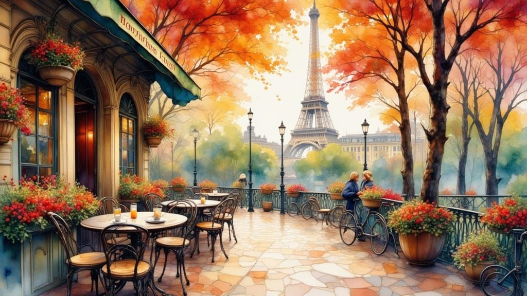 Parisian Cafe at Sunrise in Watercolor Style