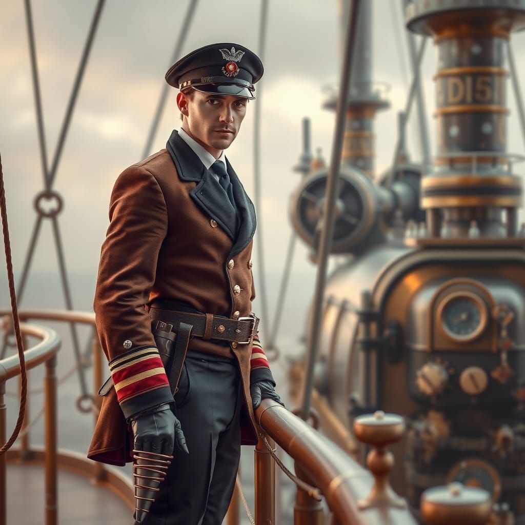 Steampunk Airship Captain on Bridge of Steampunk Vessel