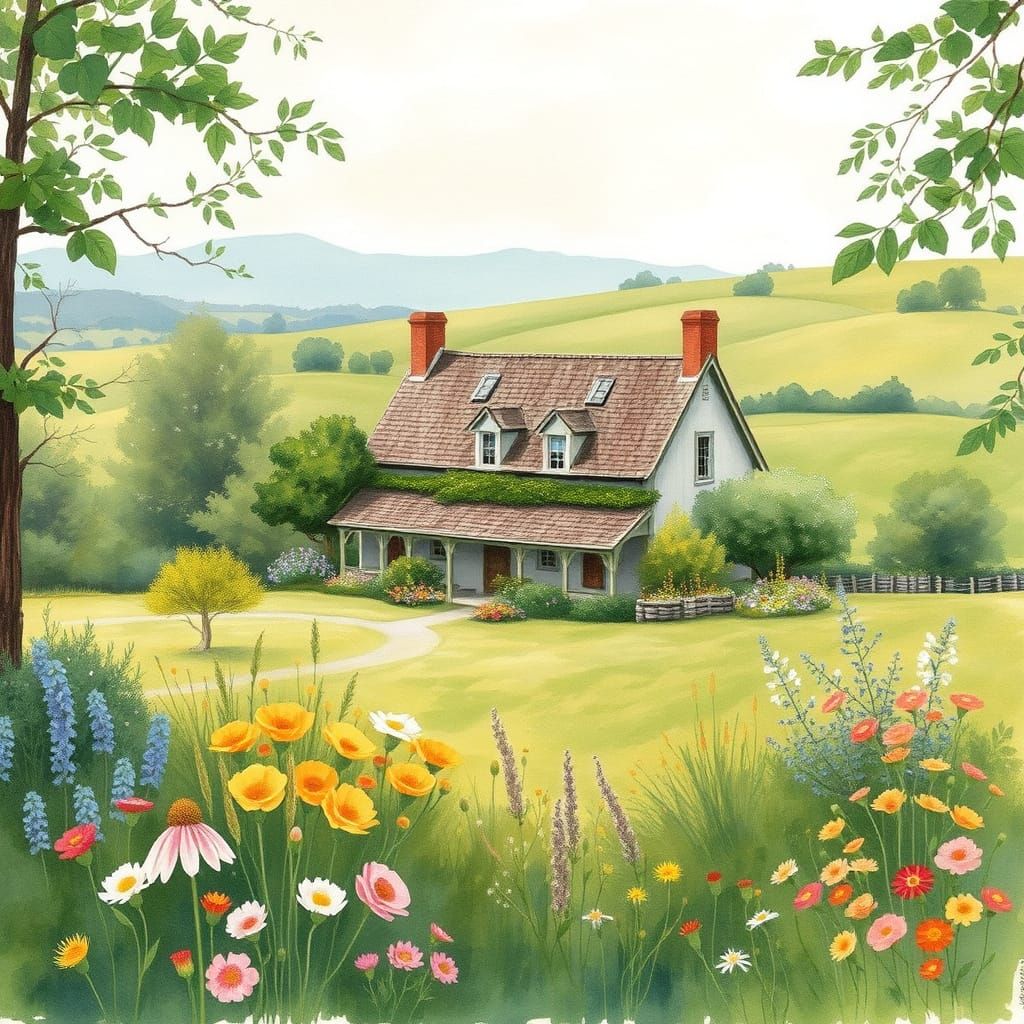 Charming Farmhouse in Watercolor Style