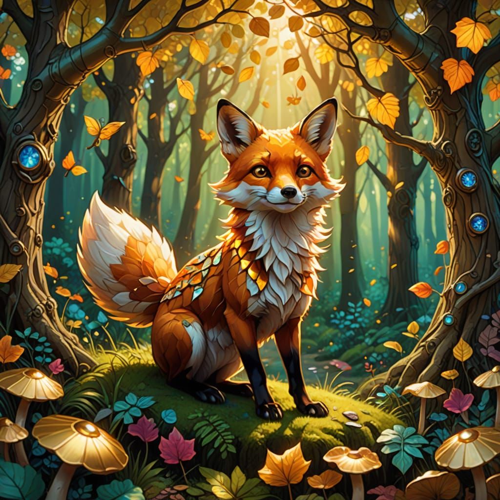 Whimsical Forest With Stained Glass Leaves And Golden Fox