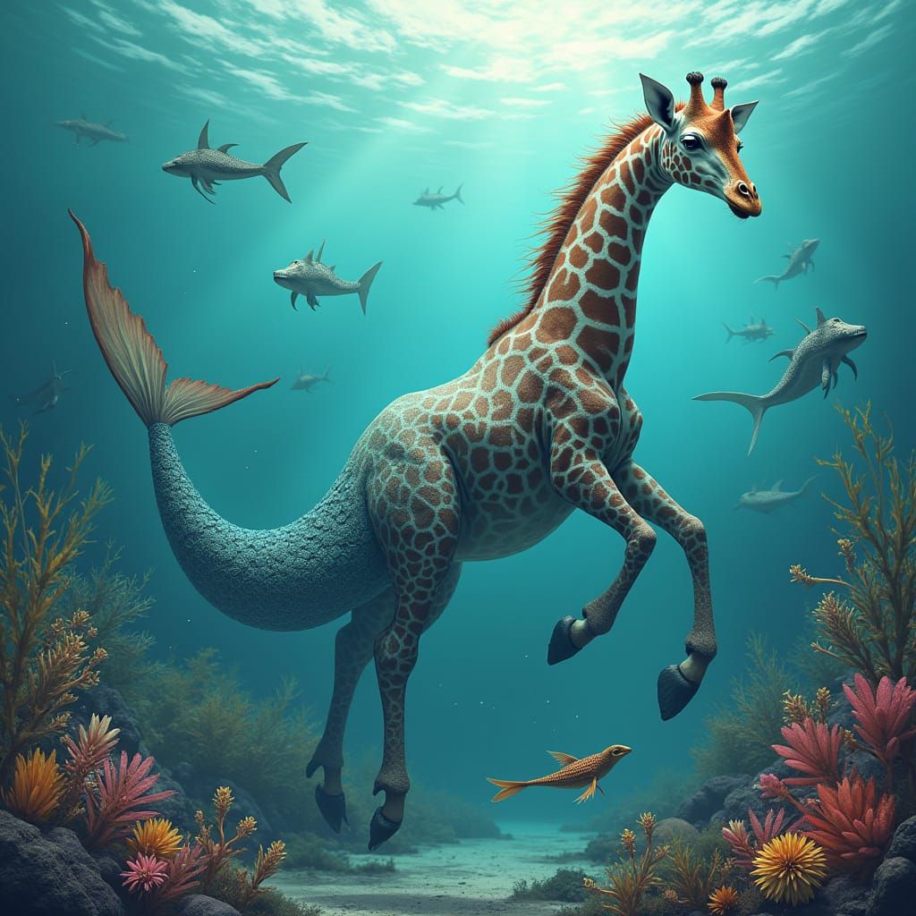 Giraffe Mermaid Chimera Swimming Underwater