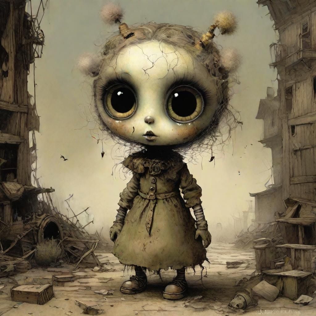 Surreal Doll Reveals Fuzzy Caterpillar in a Dusty Attic Scen...