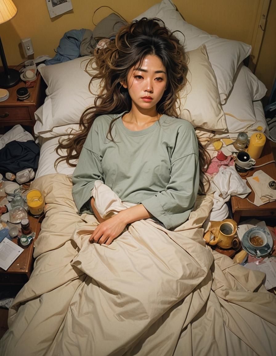 Sleepless Woman in Bed with Warm Lighting